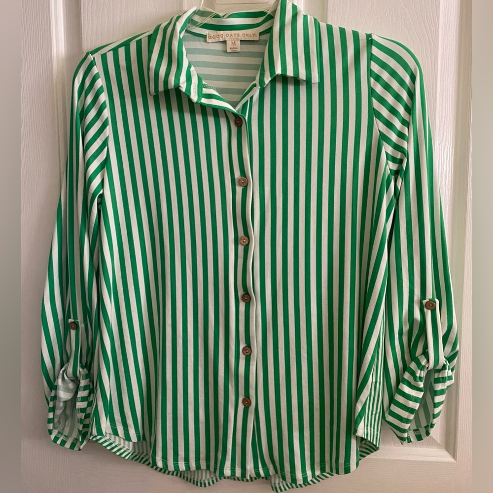 GOOD DAYS ONLY .. WOMENS GREEN AND WHITE STRIPED SHIRT